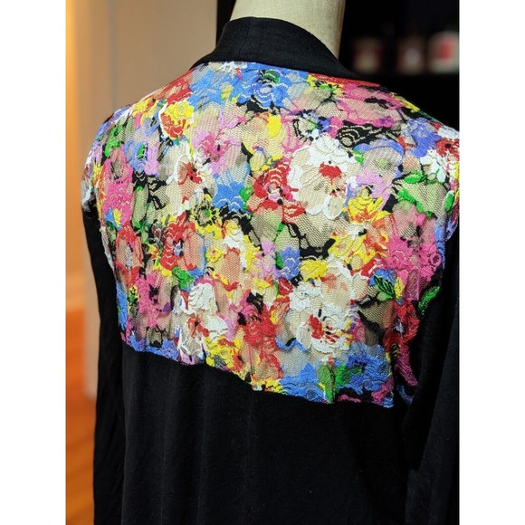 Layered Look Black Cardigan Floral Back Panel Attached Tank 3/4 Sleeve Size XL - Picture 5 of 6